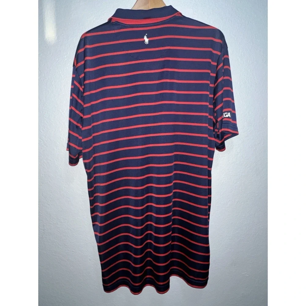Polo Golf Ralph Lauren Mens XL Red Blue Striped Polo Shinning Rock Logo Preppy